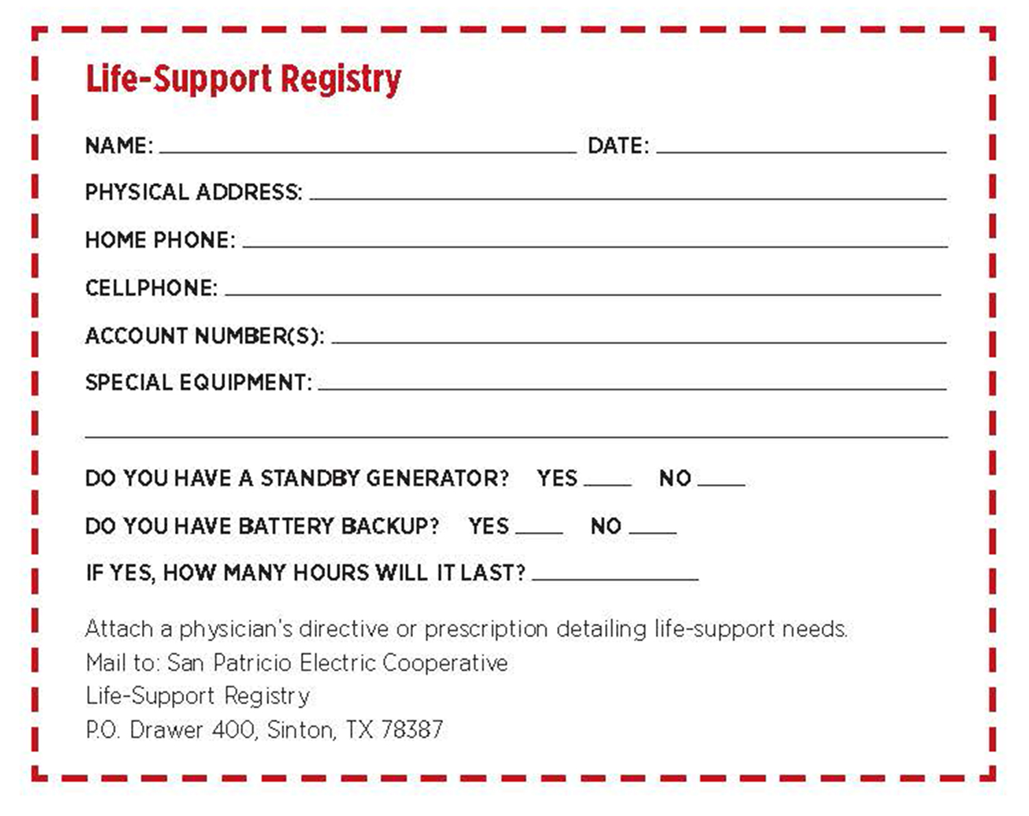 Life Support Registry Form
